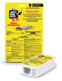 A package of three Just One Bite EX mouse bait stations with one station placed in front.