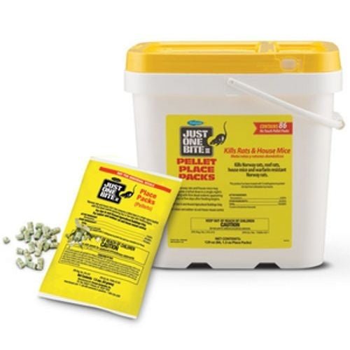 A white plastic bucket of Just One Bite rodent pellets with a single yellow place pack in front.