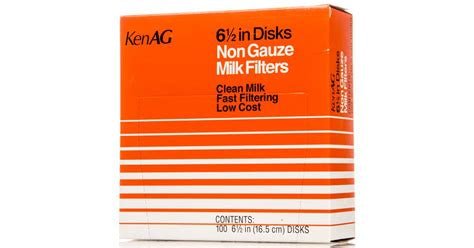 A box of 100 KenAG 6.5-inch non-gauze milk filter disks in orange and white packaging.
