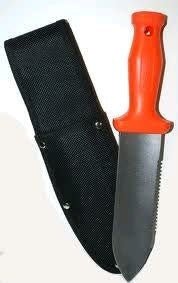 A six-inch Kenport Zenbori soil knife with a bright orange handle and a black nylon sheath.