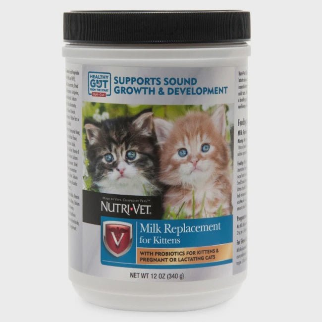 A 12-ounce container of Nutri-Vet kitten milk replacement powder featuring two kittens.