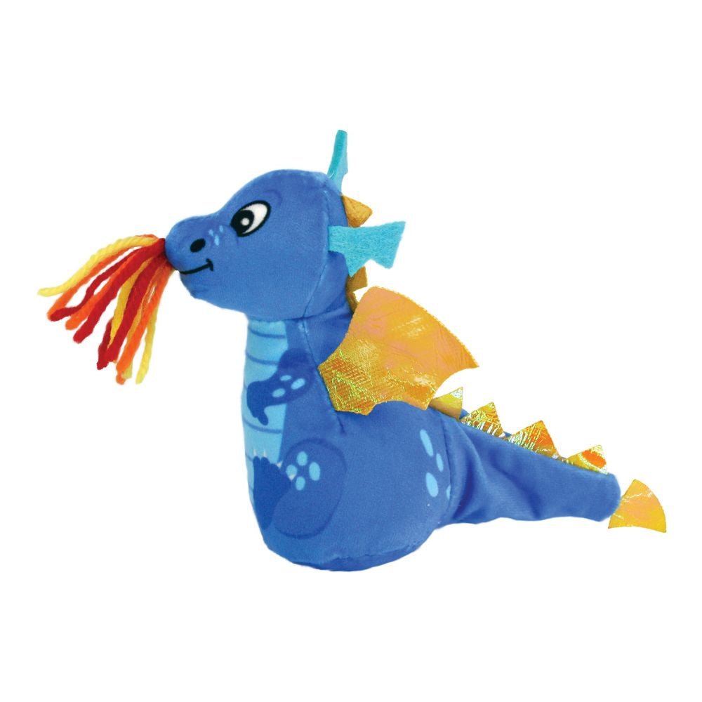 A blue plush dragon cat toy with orange wings, a yellow tail, and yarn flames coming from its mouth.