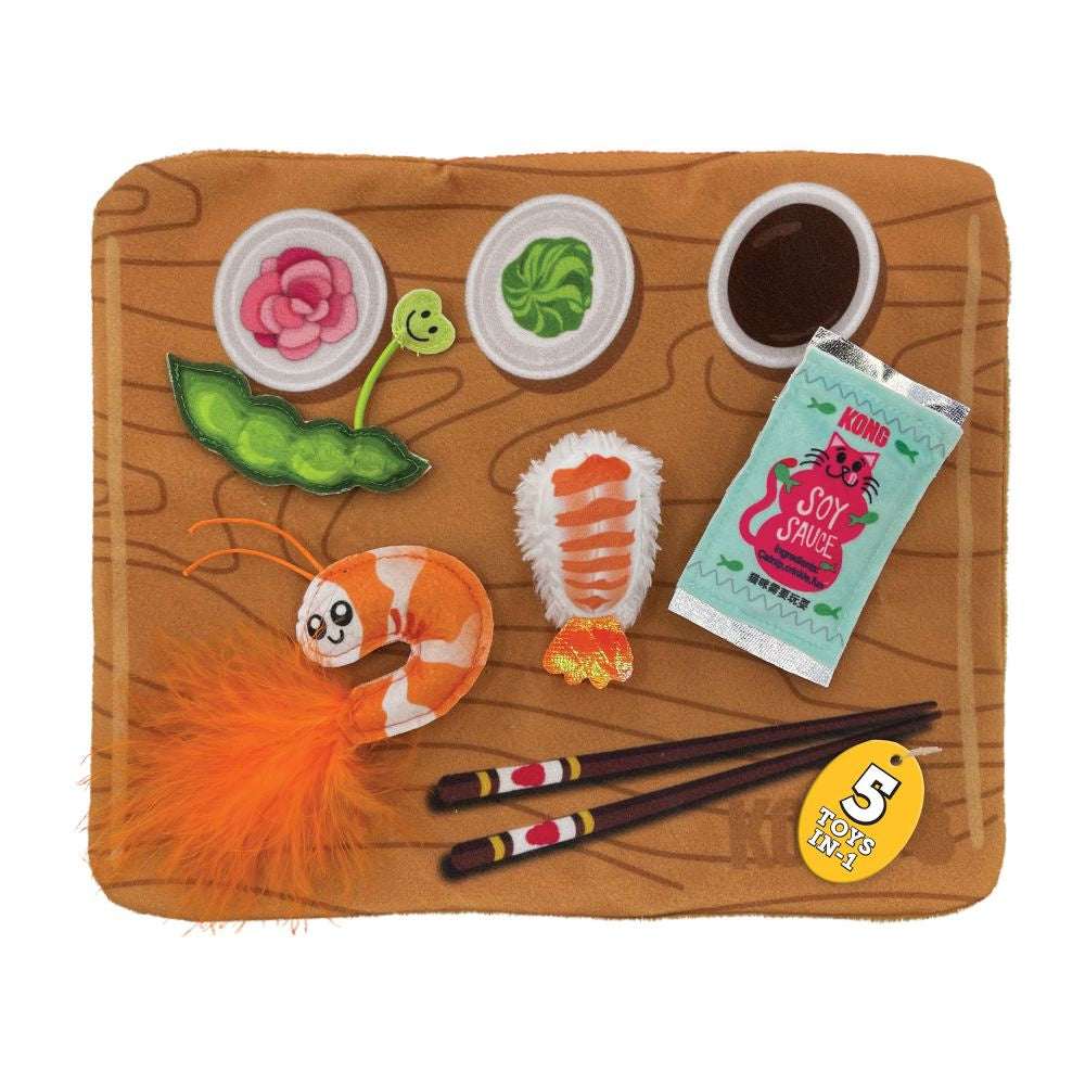 A sushi-themed cat toy set featuring a crinkly board with five detachable plush toys.