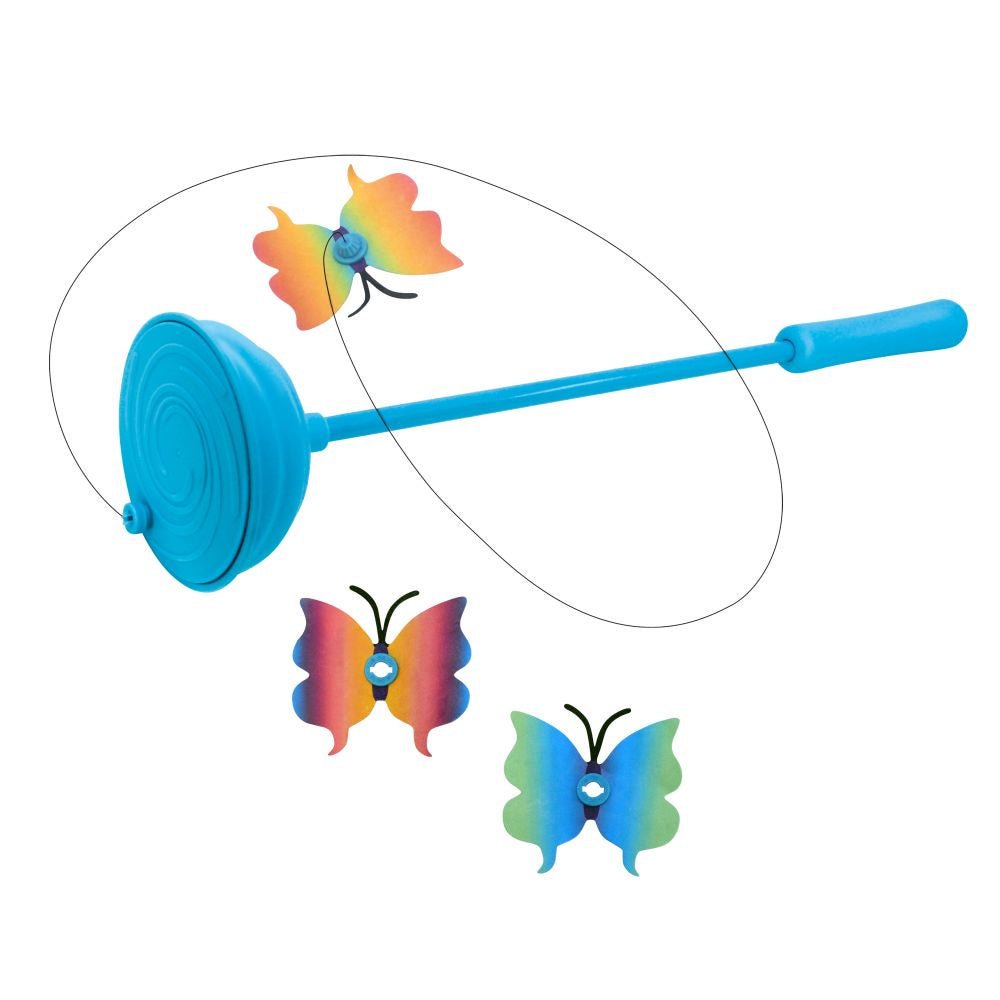 A blue cat teaser wand with a circular base and three colorful, interchangeable butterfly toys.