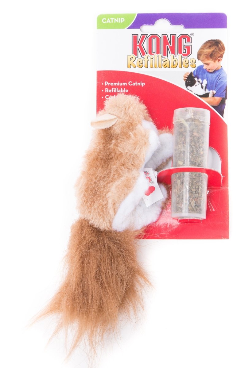 A plush squirrel cat toy attached to a retail card with a vial of premium catnip.