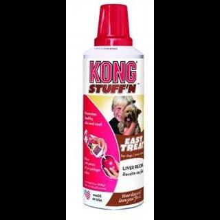 A can of Kong Easy Treat liver recipe spray with a red cap and a picture of a child and dog.