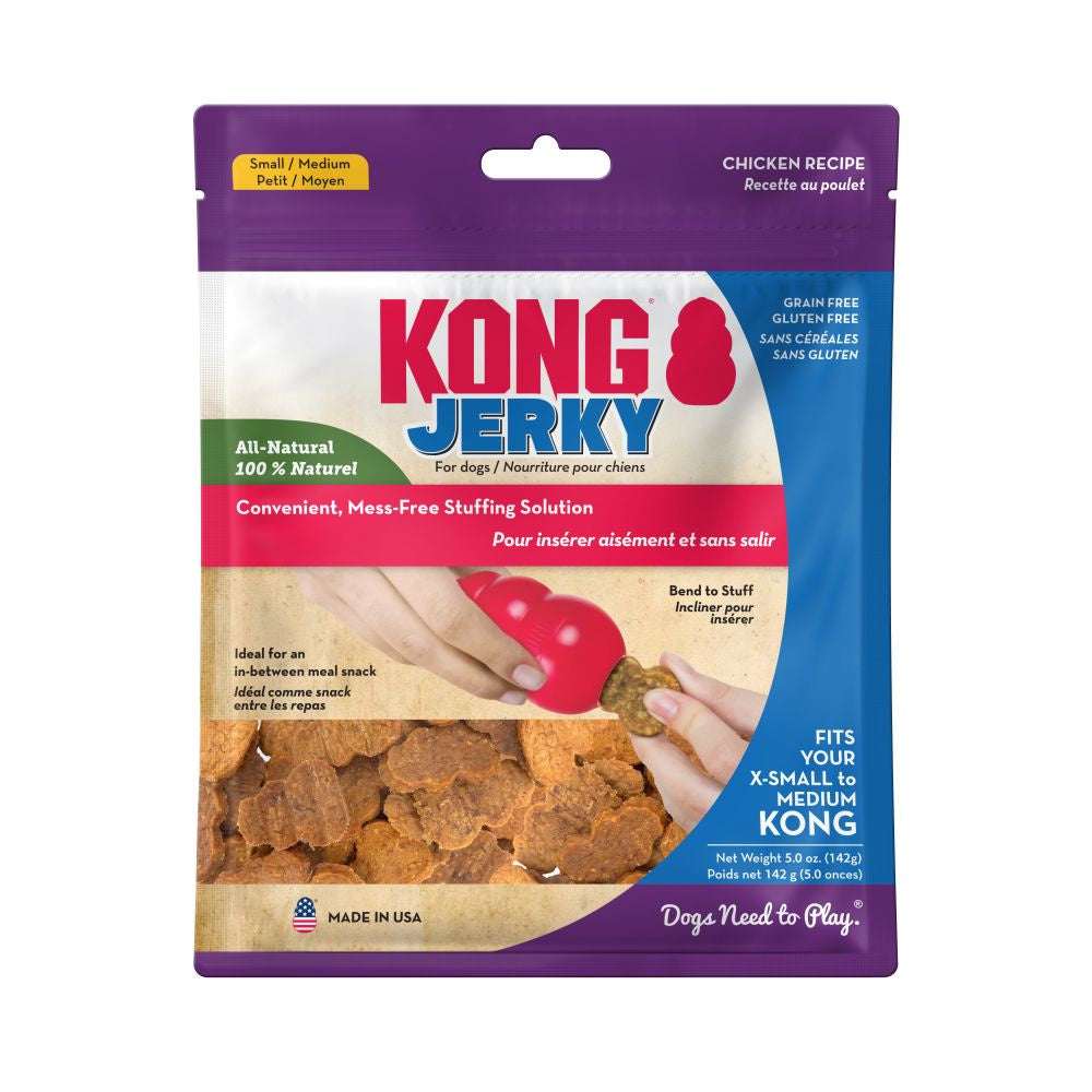 A bag of Kong Jerky chicken recipe treats for small to medium dogs.