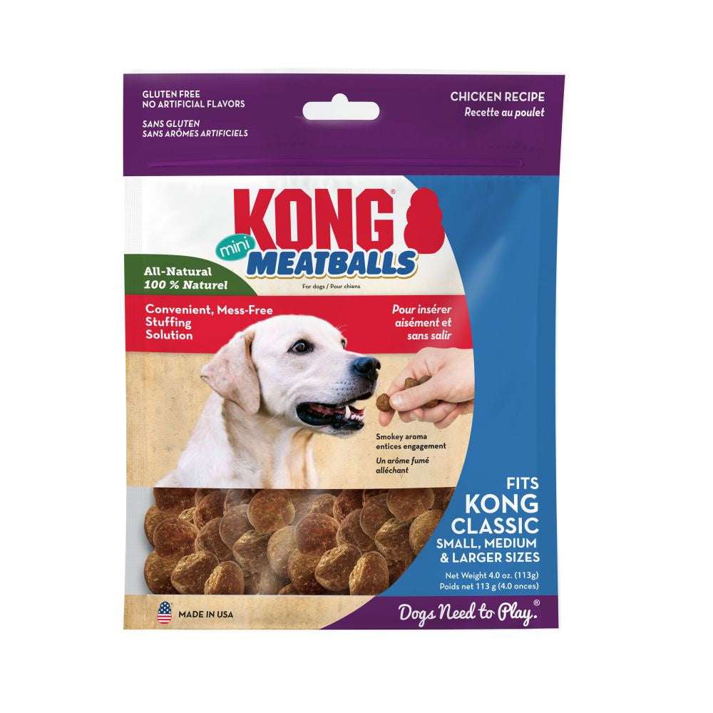 A bag of Kong Mini Meatballs chicken recipe dog treats featuring a picture of a dog.