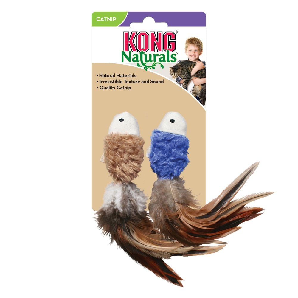 Two Kong Naturals catnip fish toys with fuzzy bodies and long, feathery tails.