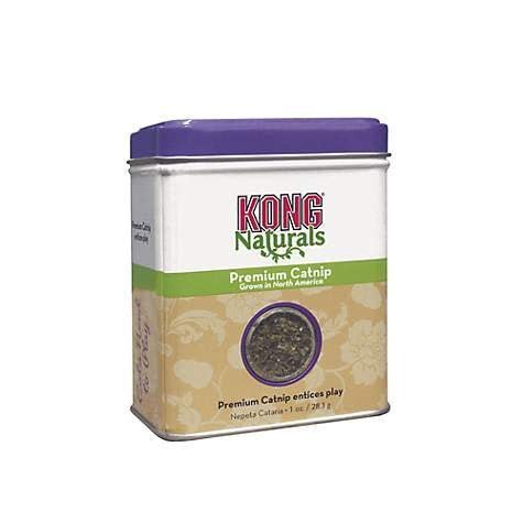 A rectangular tin of Kong Naturals premium catnip with a purple lid and a clear viewing window.