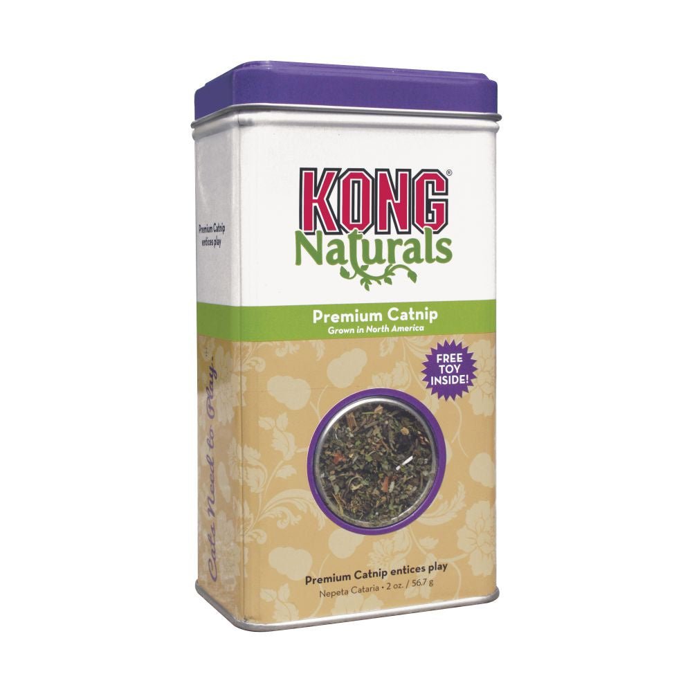 A rectangular tin of Kong Naturals premium catnip with a clear window showing the dried herbs.