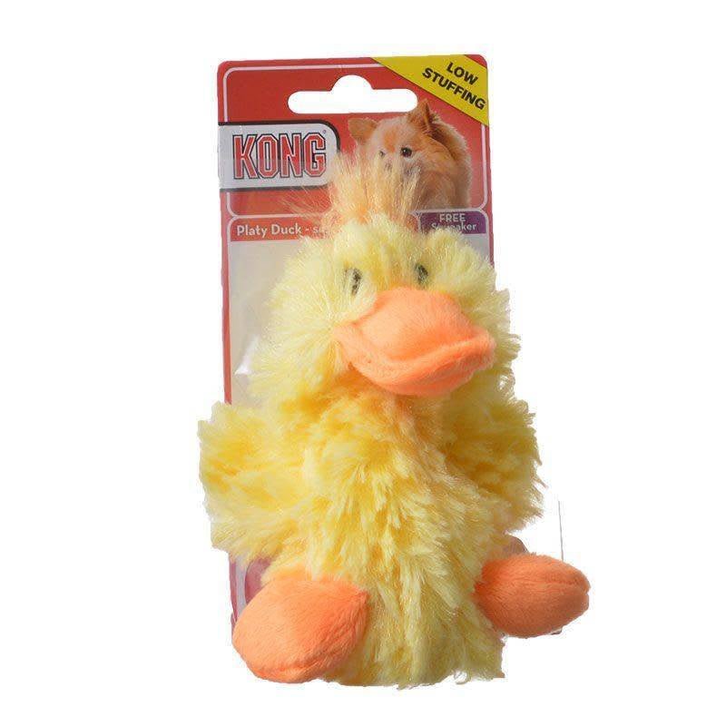 A small yellow plush duck dog toy with an orange beak and feet in its original packaging.