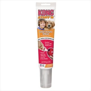 A tube of Kong Stuff'n Sweet Potato Spread for dogs with a nozzle for easy toy filling.