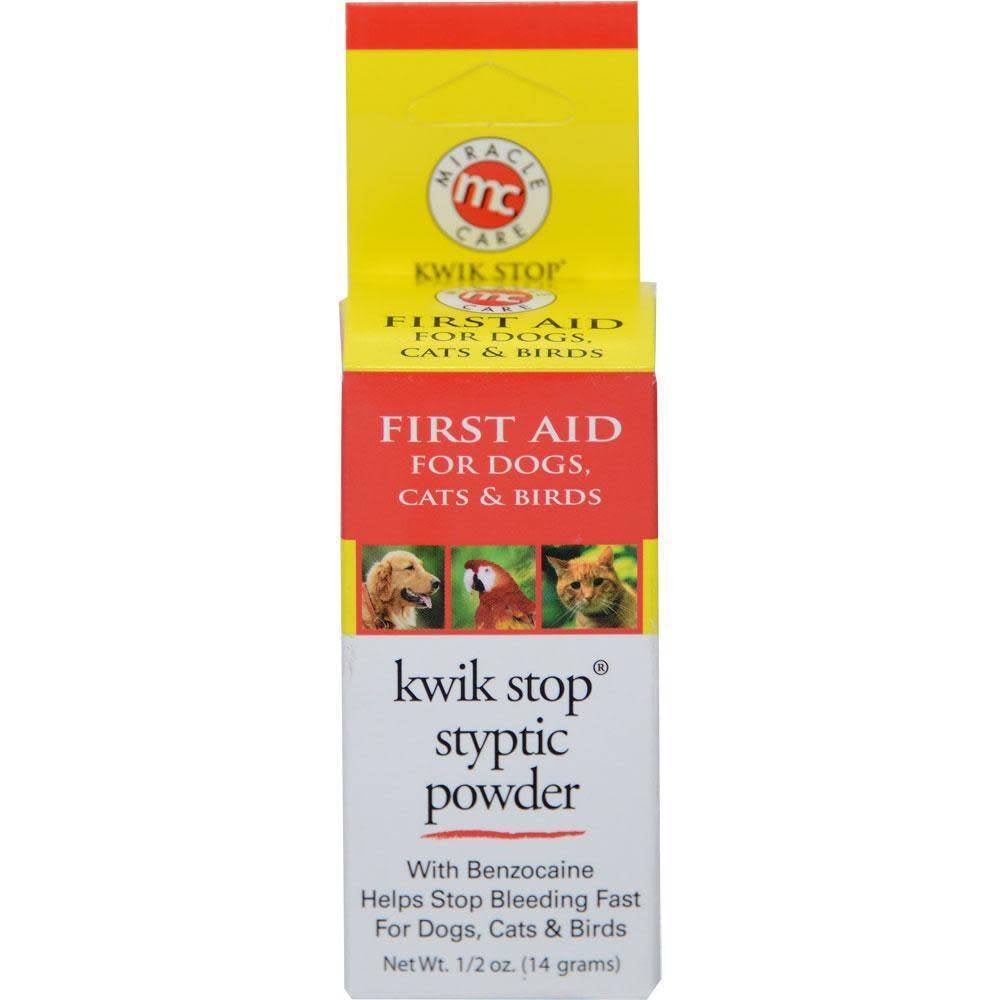 A bottle of Kwik Stop styptic powder for dogs, cats, and birds.
