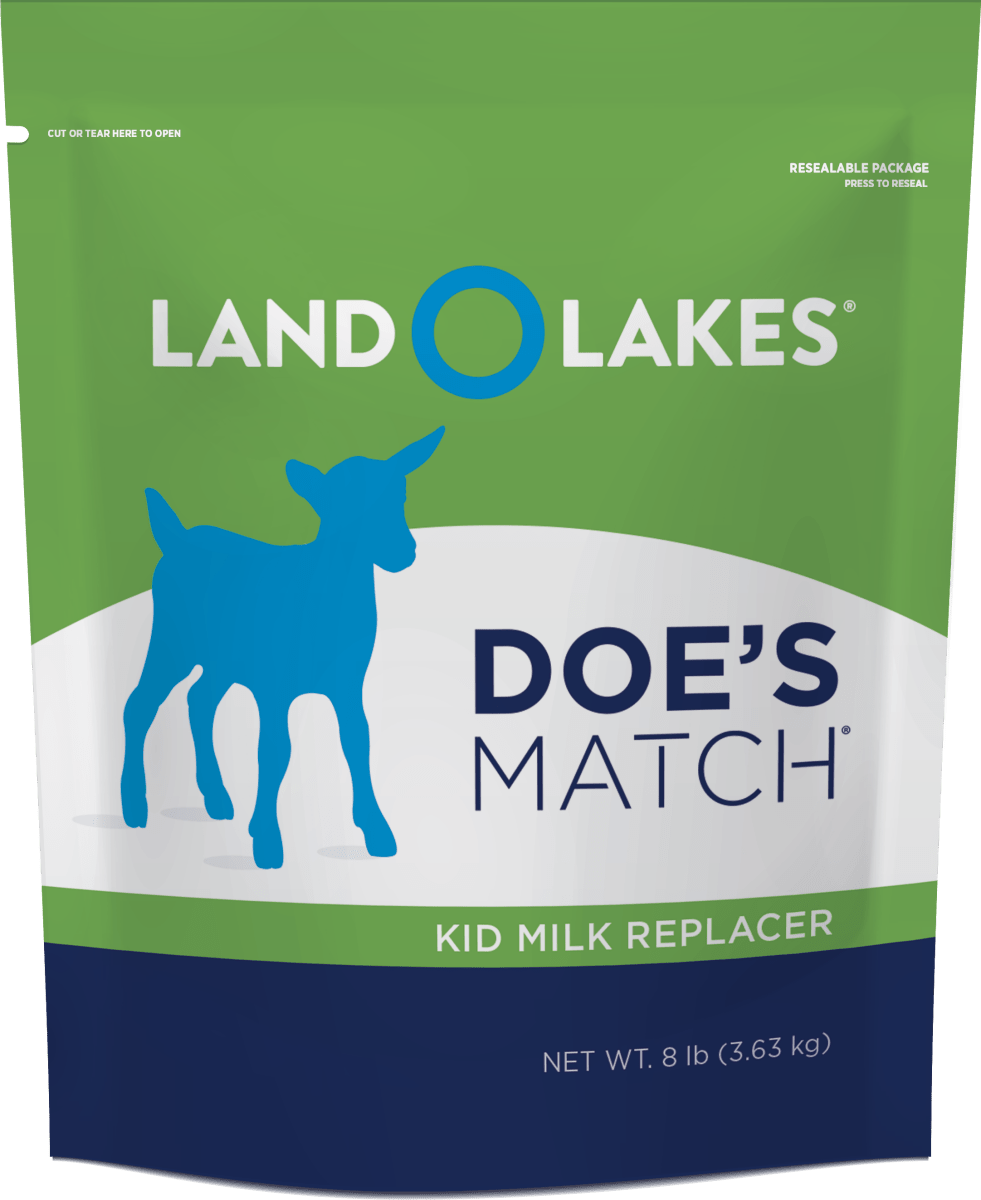 An 8 lb bag of Land O Lakes Doe's Match kid milk replacer with a blue goat silhouette.