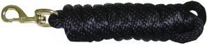 A black cotton horse lead rope featuring a brass-colored bolt snap at one end.