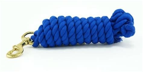 A blue cotton horse lead rope featuring a brass bolt snap at one end.