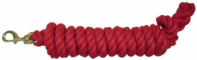 A red cotton horse lead rope featuring a metal bolt snap at one end.
