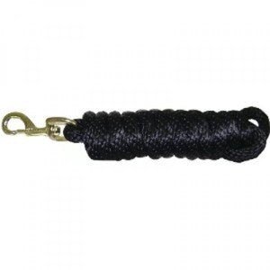 A ten-foot black poly horse lead rope featuring a brass-plated swivel snap hook.