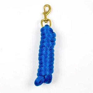 A blue braided poly horse lead rope with a brass-colored metal snap hook.