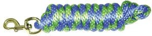 A ten-foot long berry and lime striped poly horse lead with a brass-colored snap hook.