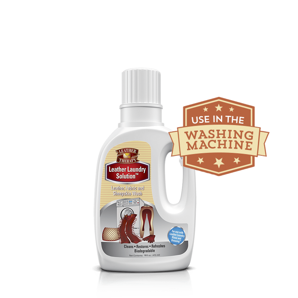 A bottle of Leather Therapy Leather Laundry Solution for washing leather and fabric items.