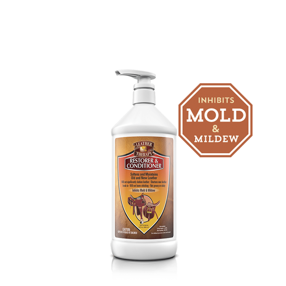 A white pump bottle of Leather Therapy Restorer and Conditioner with a brown label.