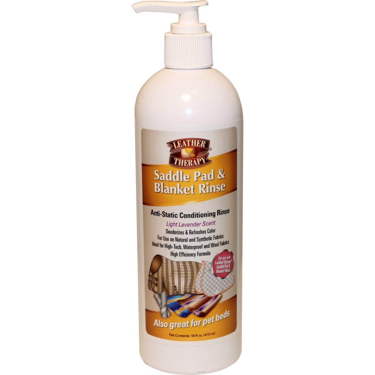 A white bottle of Leather Therapy Saddle Pad and Blanket Rinse with a pump dispenser.