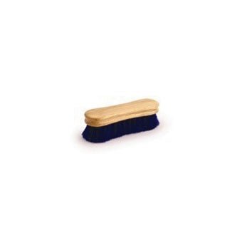 A peanut-shaped wooden face brush with soft blue horsehair bristles.