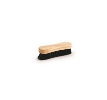 A peanut-shaped face brush with a light wood handle and soft black bristles.