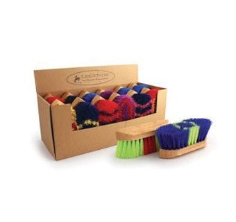 A cardboard display box filled with colorful, pocket-sized wooden brushes for children.