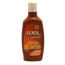 A brown bottle of Lexol leather deep conditioner with a white cap.