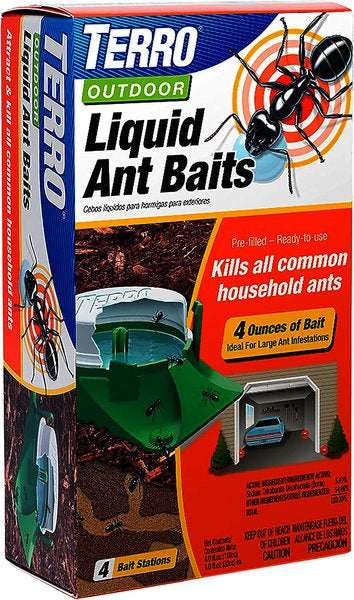 A box of Terro outdoor liquid ant bait containing four pre-filled bait stations.