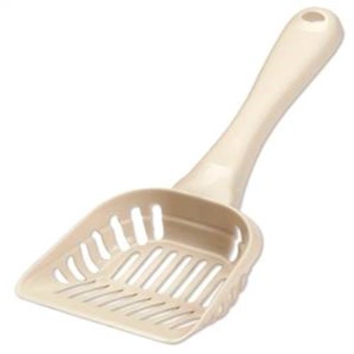 A beige jumbo plastic litter scoop with a wide head and large sifting slots.