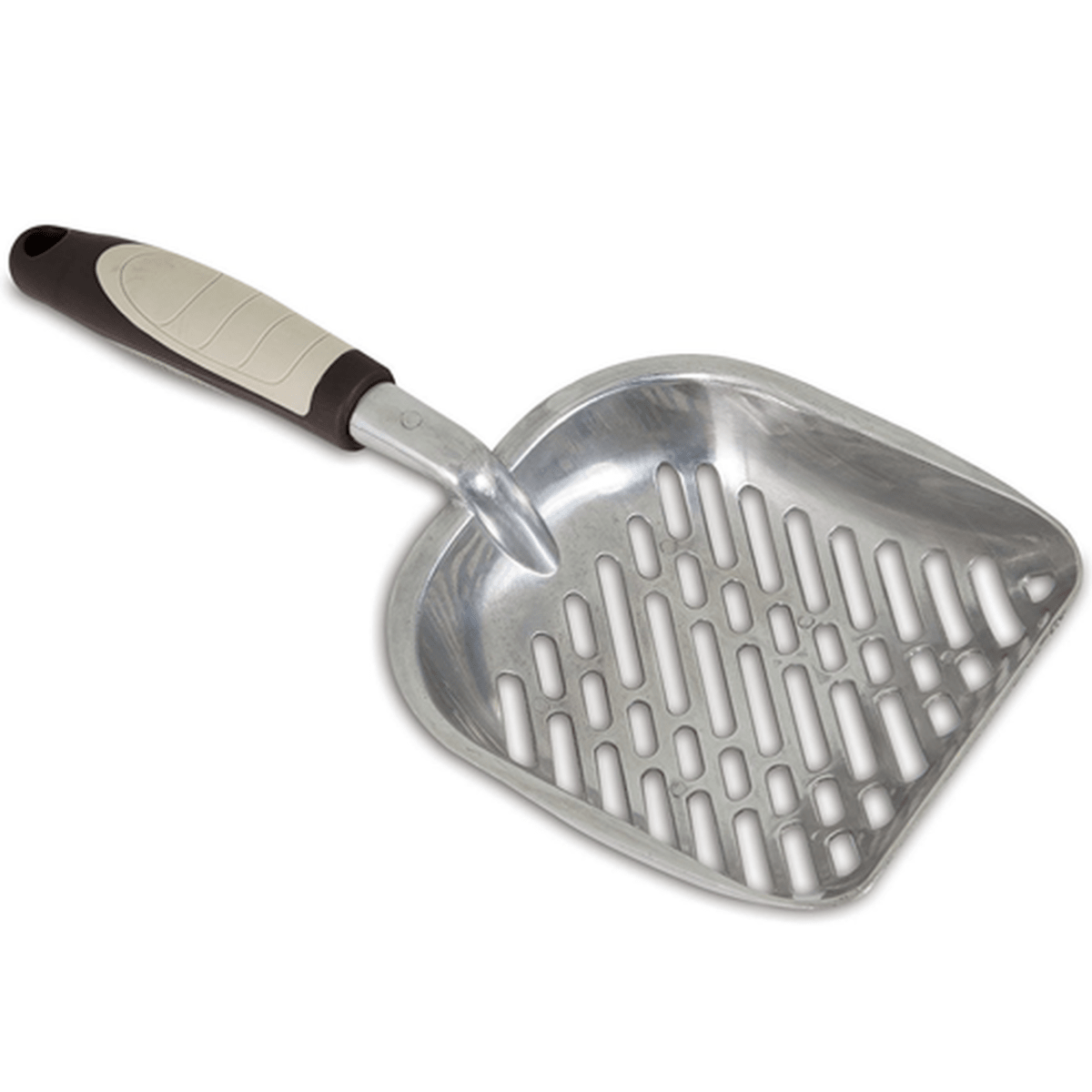 A metal litter scoop with a slotted base and an ergonomic two-toned handle.