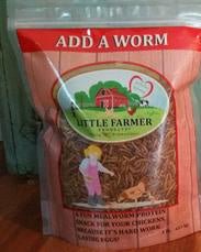 A clear plastic bag of Little Farmer Add A Worm dried mealworms for chickens.