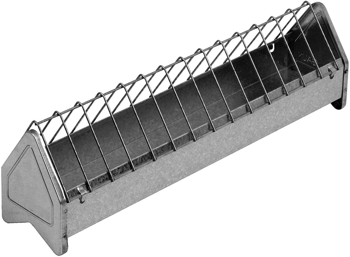 A 20-inch galvanized steel poultry feed trough with a protective wire grid to prevent waste.