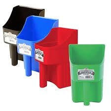 Four plastic feed scoops in black, blue, red, and green arranged in a row.