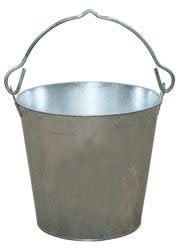 A galvanized metal dairy pail with a sturdy wire handle for easy carrying and hanging.