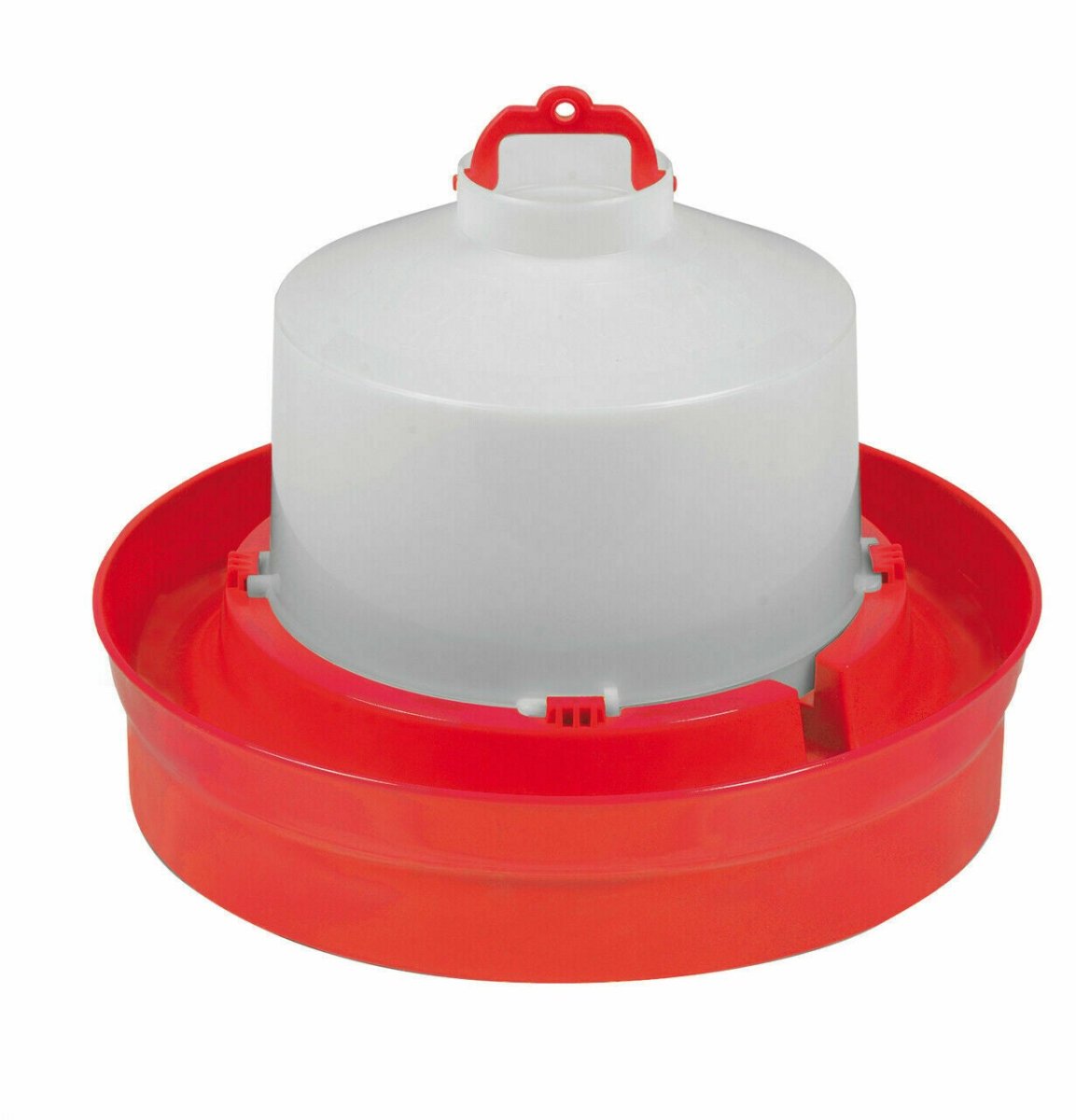 A white plastic poultry waterer with a red base and a red carrying handle.