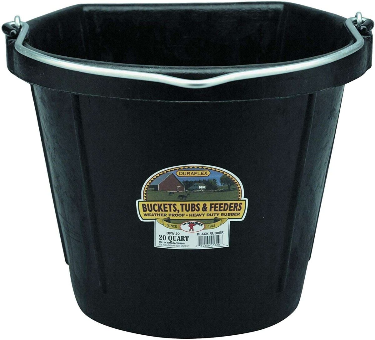 A black 20-quart flat-back rubber bucket with a heavy-duty metal handle.