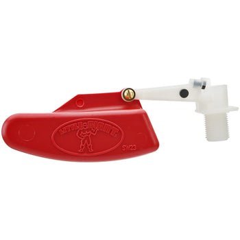 A red plastic float attached to a white valve mechanism with a threaded pipe connection.