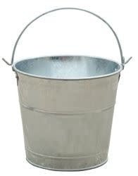 A small, galvanized metal pail with a sturdy, notched handle for easy carrying and hanging.