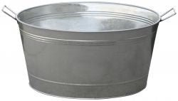 A round galvanized metal tub with two wire handles.