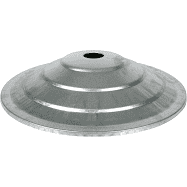 A circular, galvanized steel cover for a hanging poultry feeder with a center hole.