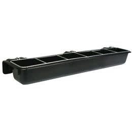 A black plastic hook-over feeding trough with a galvanized steel grid creating six feeding slots.