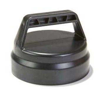 A black, four-inch diameter round plastic cap with an integrated handle on top.
