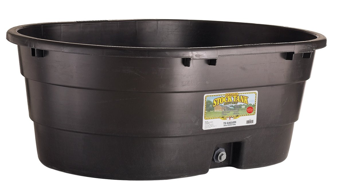A black 75-gallon oval poly stock tank with a drain plug on the side.