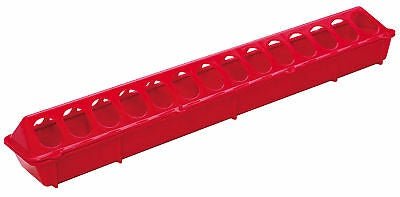 A red plastic flip-top poultry feeder with 28 feeding holes.