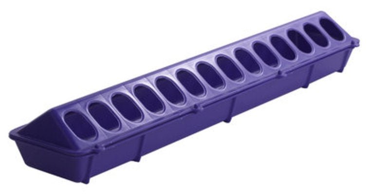 A purple plastic poultry feeder with a flip-top lid and 28 individual feeding holes.